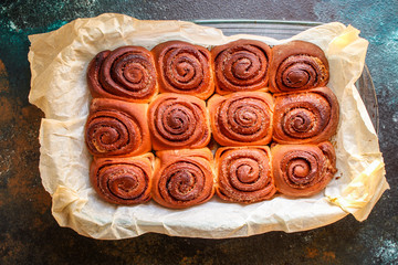 cinnamon bun roll home baked goods Menu concept healthy food background top view copy space