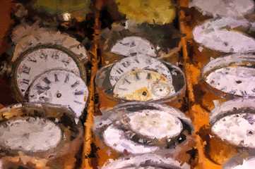 Fototapeta na wymiar Impressionistic Style Artwork of a Watch Repair Shop: Effects of Time on Collection of Old, Broken and Discarded Watches