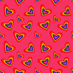 Seamless pattern with rainbow Hearts colored in LGBT flag colors on pink.background. Gay pride symbol. LGBT community symbol