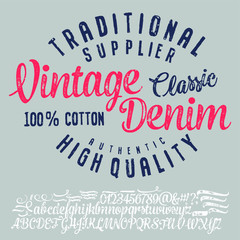 Vintage brush script lettering font. Handwritten calligraphic alphabet for t-shirt or apparel. Textured unique brush in alphabet style.Old school vector graphic for fashion and printing.