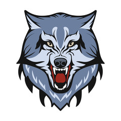 The head of the wolf. The animal gritted its teeth. The totem of a forest dweller. Logo detail. Vector isolated image.