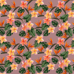Seamless tropical pattern with plumeria and strelitzia with leaves on beige background. Seamless pattern with colorful leaves of colocasia, filodendron, monstera. Exotic wallpaper. Hawaiian style © Olena