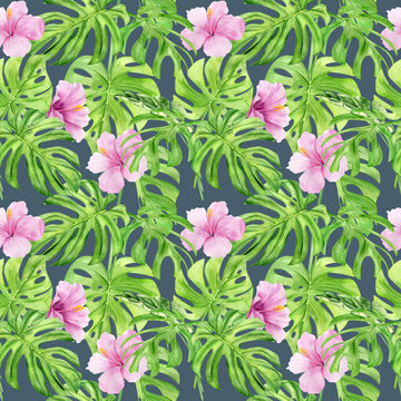 Watercolor illustration seamless pattern of tropical leaves and flower hibiscus. Perfect as background texture, wrapping paper, textile or wallpaper design. Hand drawn © NataliaArkusha