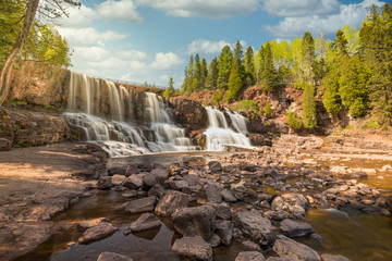 Stunning colorful scenery at Gooseberry Falls State Park, at the lower waterfall. Two Harbors Minnesota United States Of America - obrazy, fototapety, plakaty