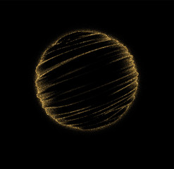 Golden glitter dust organic sphere shape isolated on black background. Vector illustration