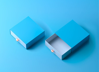 Box mockup. Elegant blue branding mockup with two blank boxes. Luxury packaging box for premium products. Empty opened square box. 3d vector box.