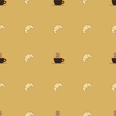 Seamless vector pattern with simple croissant cup of tea or coffee icon