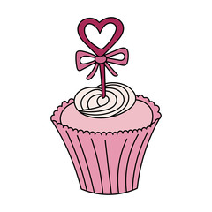 Hand drawn cupcake with cream and heart with bow on it