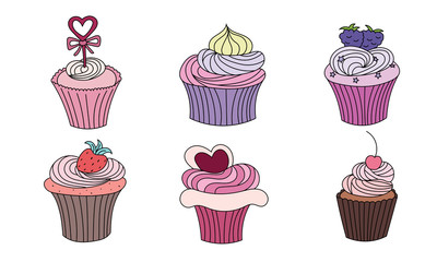 Set of hand drawn cupcakes with different decoration