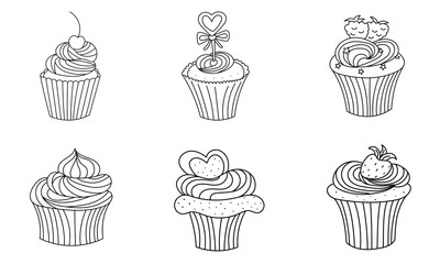 Set of hand drawn cupcakes with different decoration