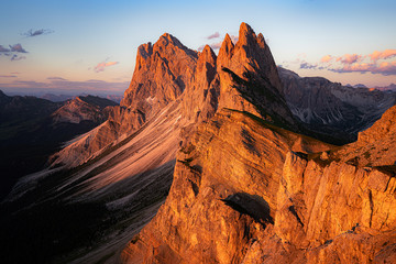 Scenic Geisler group mountain tops at sunset, Dolomites, South Tyrol, Italy