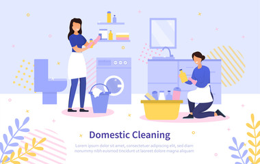Domestic cleaning concept with two housewives or cleaners in aprons doing laundry and cleaning the living room, colored vector illustration