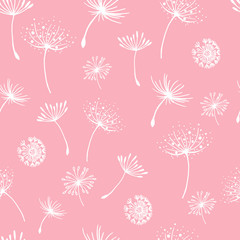 Vector seamless pattern. Flying of dandelion. Stylish repeating texture. Cute pastel print.Seamless dandelion pattern, vector seamless background with hand drawn plants and seeds