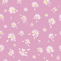Daisies Pattern for clothes Graphic Vector Print. White daisies seamless vector pattern on a pink background. Daisy in flat design.Simple daisy flower hand-drawn