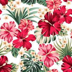 seamless Khaki violet pattern. Exotic hawaiian tropical hibiscus flowers and palm on black background  artwork for fabrics, souvenirs, packaging, greeting cards and scrap © Aglaia