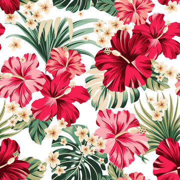 seamless Khaki violet pattern. Exotic hawaiian tropical hibiscus flowers and palm on black background  artwork for fabrics, souvenirs, packaging, greeting cards and scrap