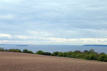 Fototapeta na wymiar Spring landscape with sea, trees, field, grass.