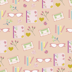 Vector seamless pattern background with glasses, books and tapes.Pink background.