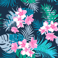Fototapeta na wymiar Seamless exotic pattern with tropical leaves and plumeria flowers. Vector hand draw grey-blue beige brown background. Banner with tropic summertime topic wrapping paper, bed linen ,textile 