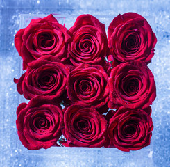Bouquet of fresh roses, flower bright background. A close up macro shot of a red rose. Flower shop. Red rose flower, petals. Bouquet of flowers, fresh red rose. Collage of red roses