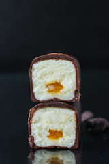 curd cheese in chocolate fruit filling, sweet dessert
Menu concept healthy eating. food background top view table setting
keto or paleo copy space for text 