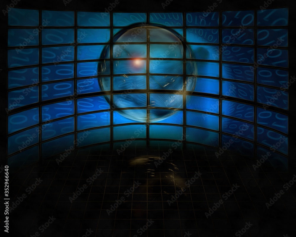 Poster empty glass sphere before computer language screens
