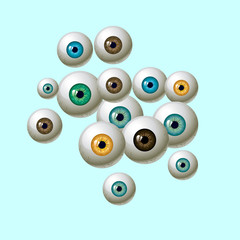 Human eyeballs iris pupils isolated on blue background - blue yellow brown green colors. Colorful eyes realistic illustration.