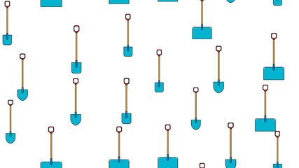 Seamless pattern of construction icons of aggro-beautiful snow bayonet, shovels with wooden handles for digging the ground, snow removal. Garden tools on a blue background. Vector illustration