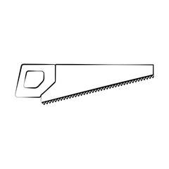 A sharp construction black and white icon of a hand saw, a hacksaw with teeth and a handle for cutting wood. Construction tool. Vector illustration