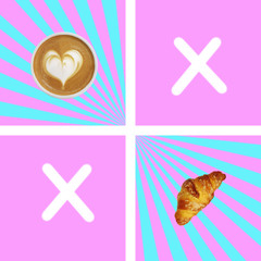 Contemporary collage. A cup of coffee and a croissant on a bright pink background with blue rays for playing tic tac toe.