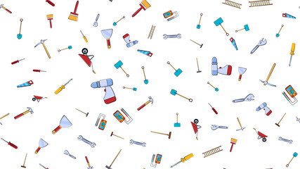 Fototapeta na wymiar Texture, seamless pattern from a set of construction tools for repair: hammer, shovel, screwdriver, wrench, tester, brush, saw, trolley, trowel, ladder on a white background. Vector illustration