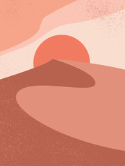 Abstract contemporary aesthetic background with landscape, desert, sand dunes, Sun. Earth tones, burnt orange, terracotta colors. Boho wall decor. Mid century modern minimalist art print. 