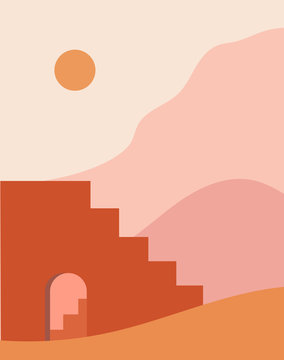 Abstract contemporary aesthetic background with landscape, desert, stairs, mountains, Sun. Earth tones, burnt orange, terracotta colors. Boho wall decor. Mid century modern minimalist art print. 