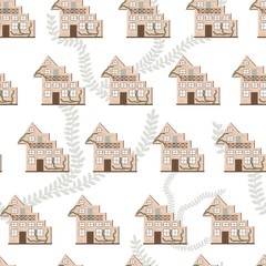 Seamless pattern of brick apartment building with windows and a balcony. Vector illustration of house in the form of steps braided by ivy for background, wallpaper, wrapping paper.