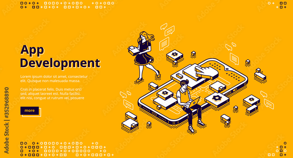 Poster mobile app development isometric landing page. user experience, ui ux phone interface design creatio
