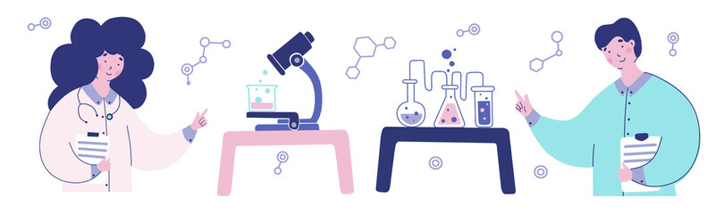 Obraz premium Illustration medical lab, research experiment biology molecular, Vector illustration, flat design.