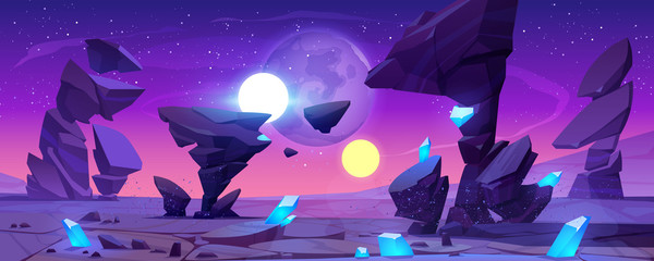 Alien planet landscape for space game background. Vector cartoon fantasy illustration of cosmos and planet surface with rocks, shiny blue crystals, satellites and stars in night sky