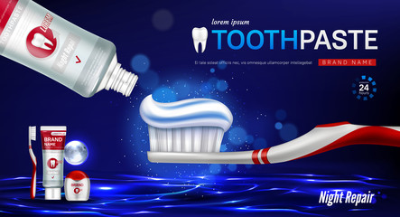 Toothpaste, brush, dental floss and tooth on glowing water surface at nighttime. Brand poster with dental care product, night repair mouthwash. Advertising promo banner, Realistic 3d vector background