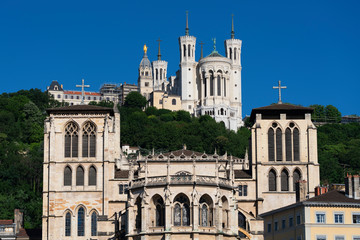 Fototapeta na wymiar View of Basilica of Notre Dame de Fourviere and Saint-Jean cathedral