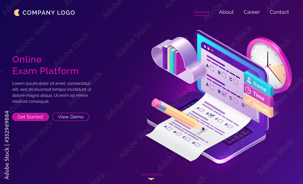 Poster online exam platform isometric landing page. laptop with test or quiz questions on screen. computer 