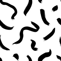 Wavy and swirled brush strokes vector seamless pattern. Black paint freehand scribbles, abstract ink background.