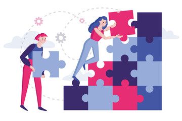 Vector flat illustration. Teamwork and team building, business concept, coworking and team metaphor. Connecting puzzle elements.