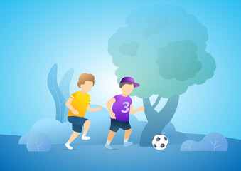Two boys playing soccer in the park. Children running during soccer game. Summer time vacation or holidays activity. Vector modern flat illustration concept on blue background.