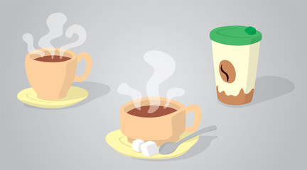 Coffee drink & containers in doodle style. For branding, menu, poster or wall decoration for cafe or restaurant.