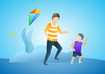 Father and son playing kite outside. Child running with kite. Daddy and his son together walking in park. Vector flat illustration concept on blue background.