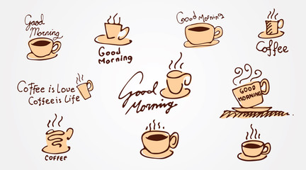 Hand drawn doodle style coffee emblem with simple coffee greetings. For branding, menu, poster or wall decoration for cafe or restaurant.