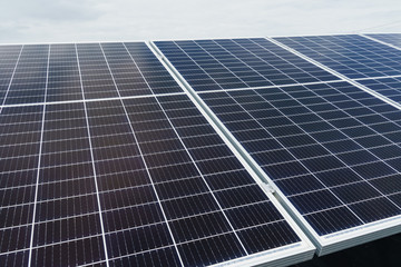 Obraz premium Solar panels close up. Free electricity for home. Sustainability of planet. Green energy. Solar cells power plant business. Ecological clean energy. Blue panels on the ground.