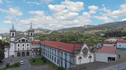 Aerial view of the Monastery of St. Benedict (Sao Bento) in the city of Santo Tirso, Portugal, with the Ave River in the background. Benedictine order.