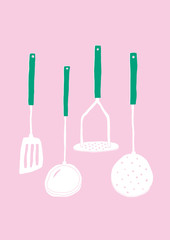Hand drawn kitchen utensils set. Doodle kitchen tools. Potato masher, ladle, spatula, skimmer naive illustration 