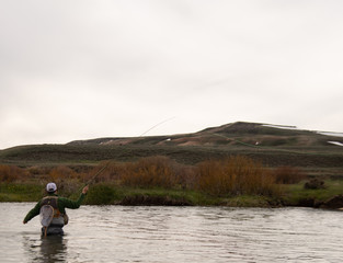 A man flying fishing on a wild trout stream in Wyoming.